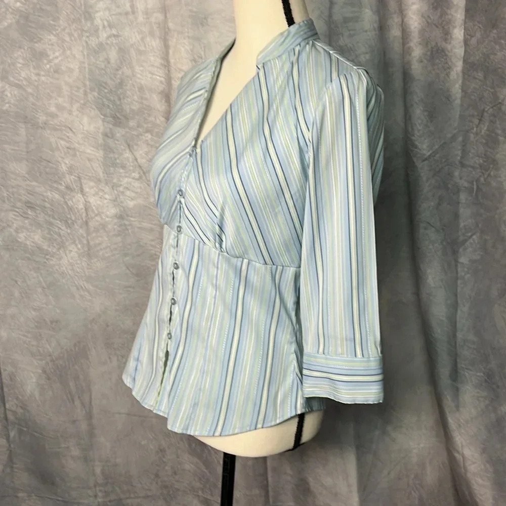DCC Missy Green, Blue, Sage and White Striped Button Down 3/4 Sleeve Blouse - Picture 4 of 10